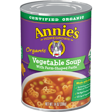 Annie's Organic Vegetable Soup With Farm Shaped Pasta, front of can.