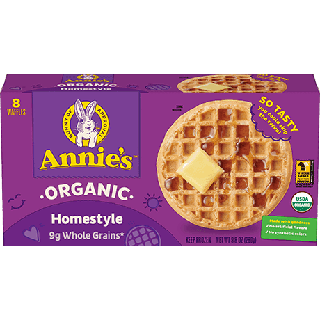 Annie's Organic Homestyle Waffles, frozen, eight count, front of box.