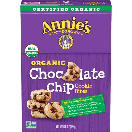 Annie's Organic Chocolate Chip Cookie Bites, front of box.