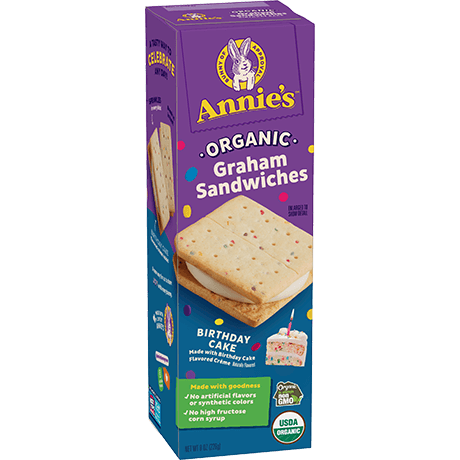 Annie's Organic Graham Sandwiches, Birthday Cake, front of box.