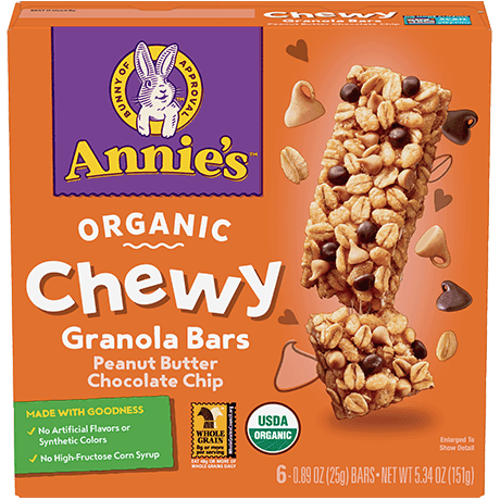 Annie's Organic Peanut Butter Chocolate Chip Chewy Granola Bars, front of box.