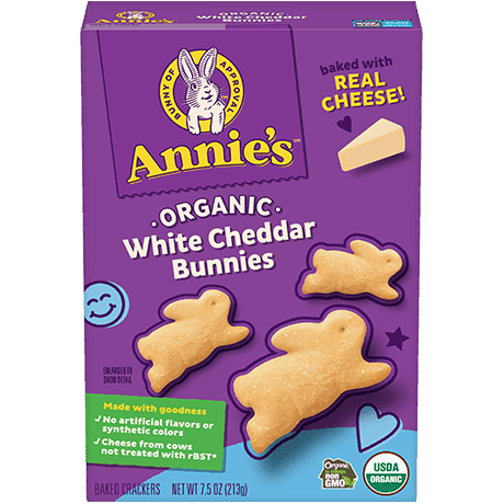 Annie's Organic White Cheddar Bunnies, made with real cheese, front of box.