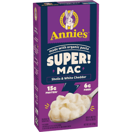 Annie's Super! Mac, Shells And White Cheddar, made with organic pasta, front of package.