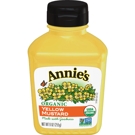 Annie's Organic Yellow Mustard, Non GMO, front of bottle.