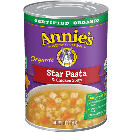 Annie's Organic Star Pasta And Chicken Soup, front of can.