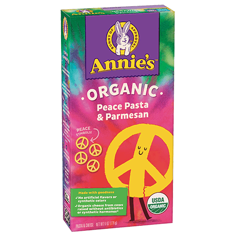 Annie's Organic Peace Pasta And Parmesan, front of box.