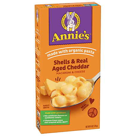 Annie's Shells And Real Aged Cheddar Macaroni And Cheese, made with organic pasta, front of box.