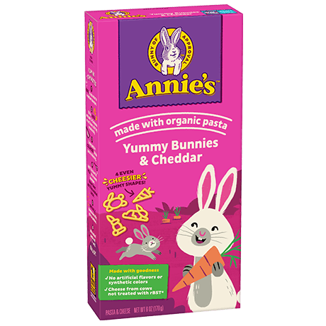 Annie's Yummy Bunnies And Cheddar Pasta And Cheese, made with organic pasta, front of box.