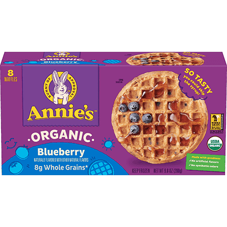 Annie's Organic Blueberry Waffles, frozen, eight count, front of box.
