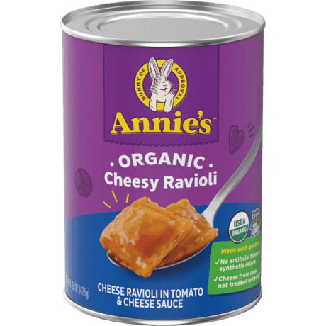Annie's Organic Cheesy Ravioli, Cheese ravioli in tomato and cheese sauce, front of can.