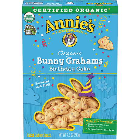 Annie's Organic Birthday Cake Bunny Grahams, front of box.