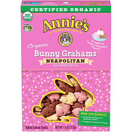 Annie's Organic Neapolitan Bunny Grahams, front of box.