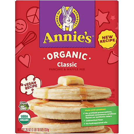 Annie's Organic Classic Pancake And Waffle Mix, Vegan recipe, front of the box.