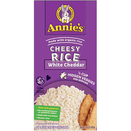 Annie's White Cheddar Cheesy Rice, made with organic pasta, front of box.