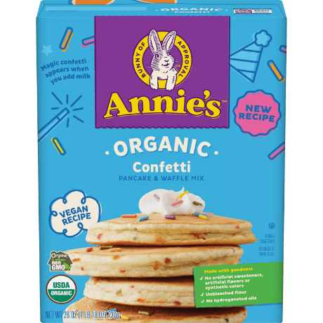 Annie's Organic Pancake And Waffle Mix, Confetti, vegan, front of box.
