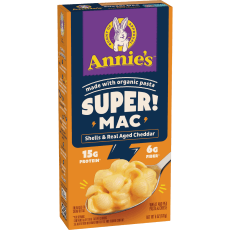 Annie's Super! Mac, Shells And Real Aged Cheddar, made with organic pasta, front of package.