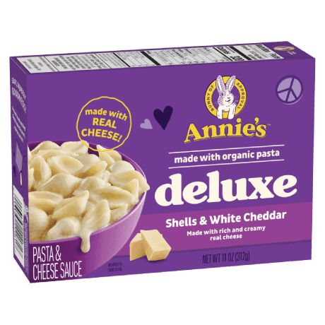 Annie's Deluxe Rich And Creamy Shells And White Cheddar, made with real cheese and organic pasta, 306g, front of box