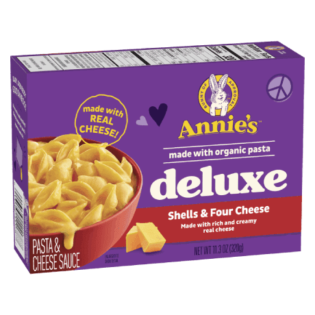 Annie's Deluxe Rich And Creamy Shells And Four Cheese, real cheese sauce, 306g, front of box.