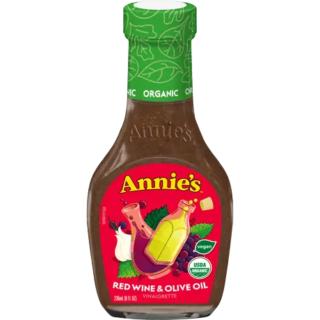 Annie's Organic Red Wine And Olive Oil Vinaigrette, Vegan, Front of bottle.
