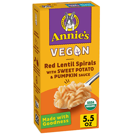 Annie's Vegan Red Lentil Spirals With Sweet Potato And Pumpkin Sauce, organic, front of box.