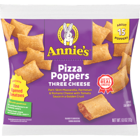 Annie's Pizza Poppers Three Cheese, fifteen poppers, front of bag.