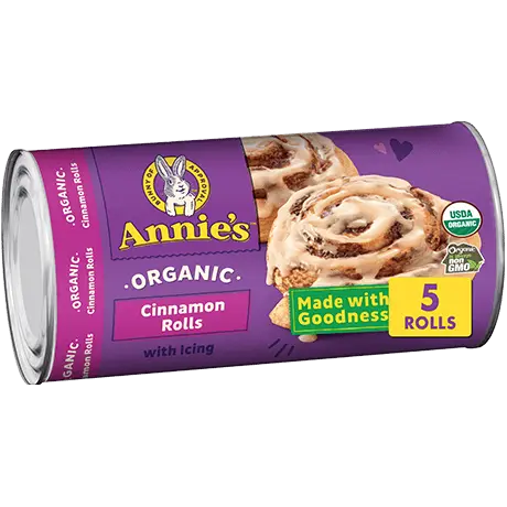 Annie's Organic Cinnamon Rolls With Icing, five rolls, front of package.