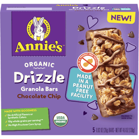 Annie's Organic Drizzle Granola Bars, Chocolate Chip, 5 count, made in a peanut free facility, front of package.