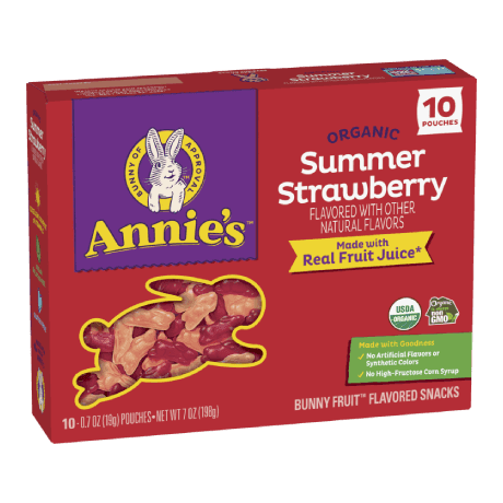 Annie's Organic Summer Strawberry fruit snacks, ten pouches, front of box.