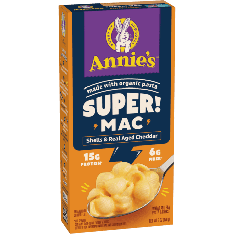 Annie's Super! Mac, Shells And Real Aged Cheddar, made with organic pasta, front of package.