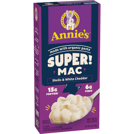 Annie's Super! Mac, Shells And White Cheddar, made with organic pasta, front of package.