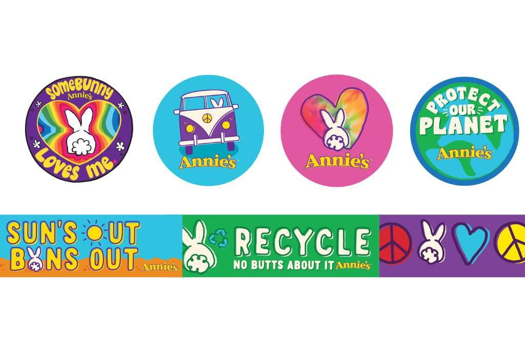 A collection of Annie's stickers that are round and rectangle on a white background.