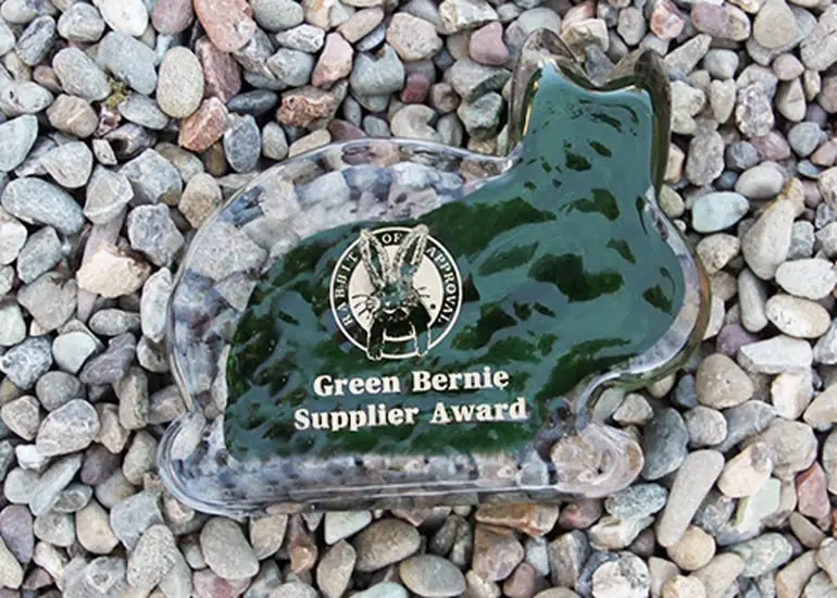 A rabbit-shaped award with the title "Rabbit of Approval: Green Bernie Supplier Award".