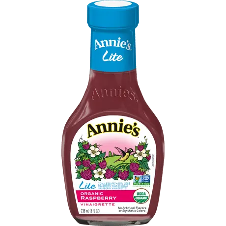 Annie's Lite Raspberry Vinaigrette, Organic, Non GMO, front of bottle.