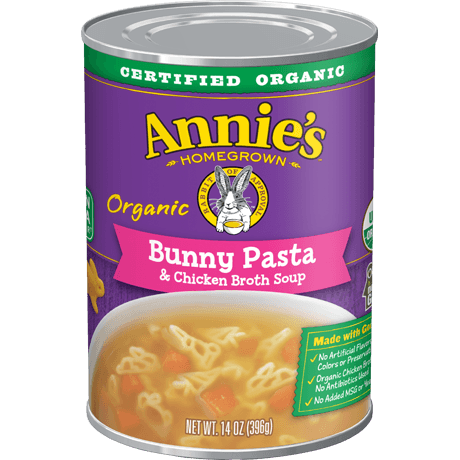 Annie's Organic Bunny Pasta And Chicken Broth Soup, front of can.