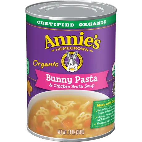Annie's Organic Bunny Pasta And Chicken Broth Soup, front of can.