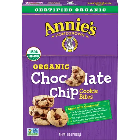 Annie's Organic Chocolate Chip Cookie Bites, front of box.