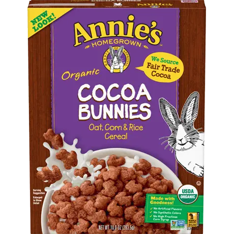 Annie's Organic Cocoa Bunnies Oat, Corn And Rice Cereal, fair trade cocoa, front of box.
