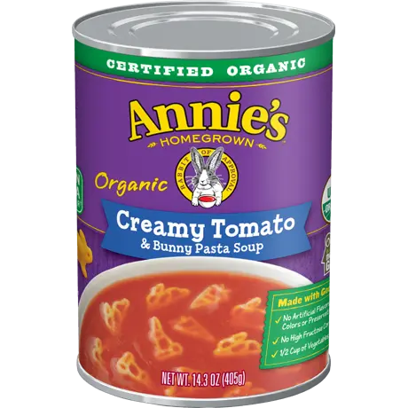 Annie's Organic Creamy Tomato And Bunny Pasta Soup, front of can.