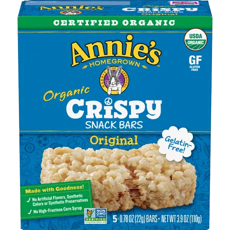 Annie's Organic Original Crispy Snack Bars, Gluten Free, front of box.
