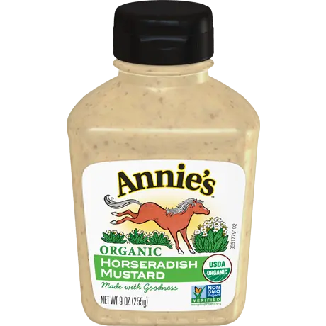 Annie's Organic Horseradish Mustard, Non GMO, front of bottle.