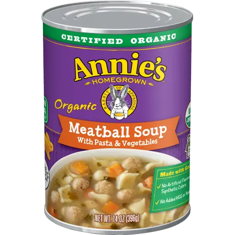 Annie's Organic Meatball Soup With Pasta And Vegetables, front of can.