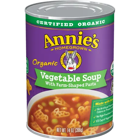 Annie's Organic Vegetable Soup With Farm Shaped Pasta, front of can.
