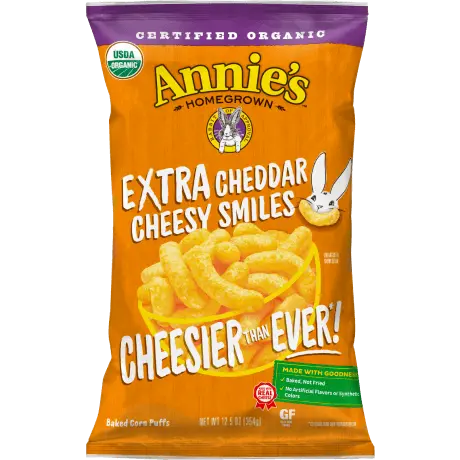 Package of Annie's Extra Cheddar Cheesy Smiles