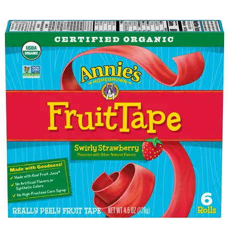 Annie's Organic Swirly Strawberry Fruit Tape, six rolls, front of box.