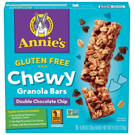 Annie's Gluten Free Double Chocolate Chip Chewy Granola Bars, front of box.
