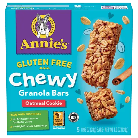 Annie's Gluten Free Oatmeal Cookie Chewy Granola Bars, front of box.