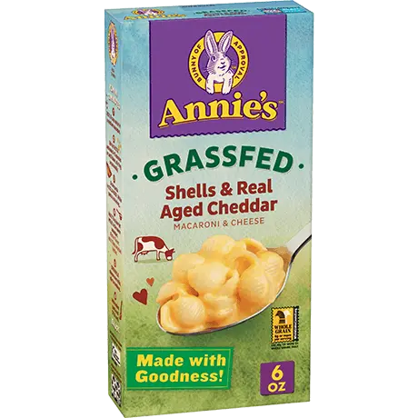 Annie's Organic Grass Fed Shells And Real Aged Cheddar Macaroni and Cheese, front of box.