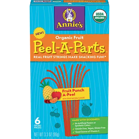 Annie's Organic Fruit Peel A Parts, Fruit Punch A Peel, six peelable packs, front of box.