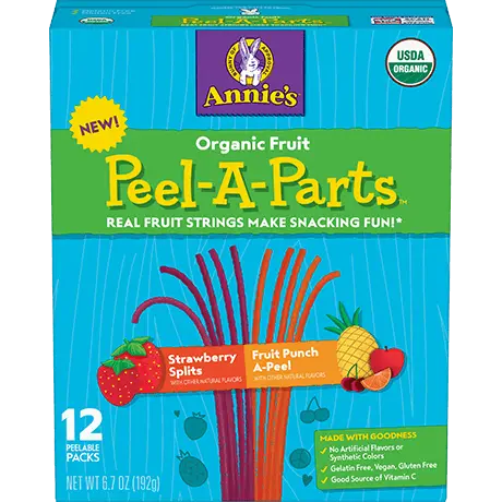 Annie's Organic Fruit Peel A Parts, Strawberry Splash and Fruit Punch A Peel Variety Pack, twelve peelable packs, front of box.