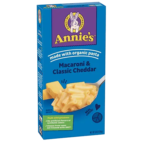 Annie's Macaroni And Classic Cheddar, made with organic pasta, front of box.
